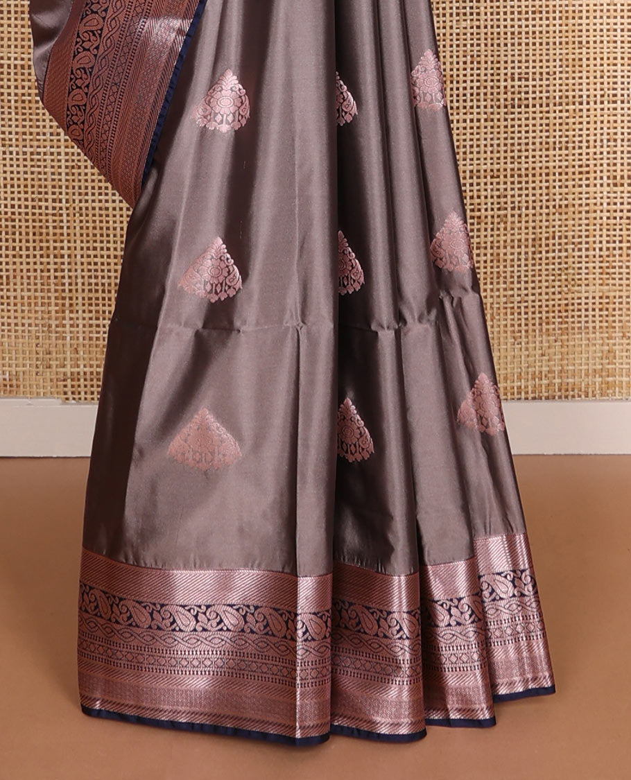 Grey motifs soft silk saree with contrast intricate zari design border & argyle design pallu