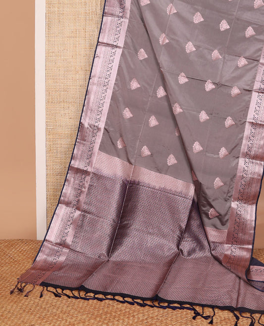 Grey motifs soft silk saree with contrast intricate zari design border & argyle design pallu