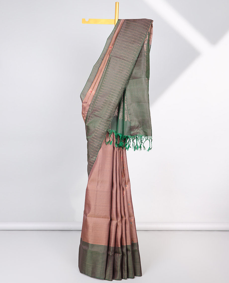 Brown floral motifs semi-soft silk sare with contrast striped border & pallu of ogee pattern