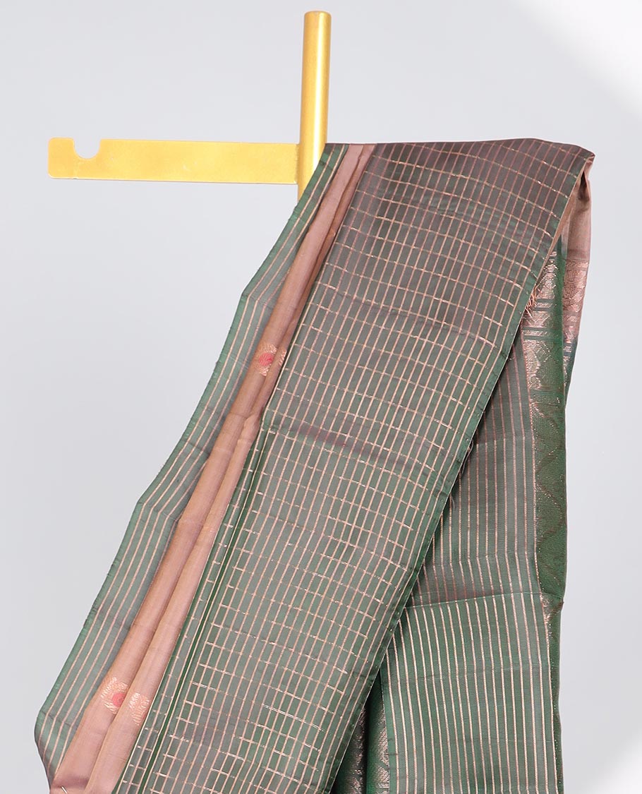 Brown floral motifs semi-soft silk sare with contrast striped border & pallu of ogee pattern