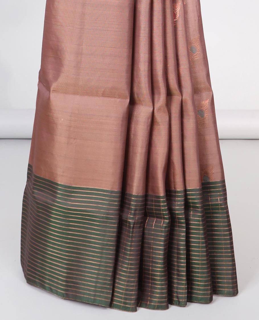 Brown floral motifs semi-soft silk sare with contrast striped border & pallu of ogee pattern