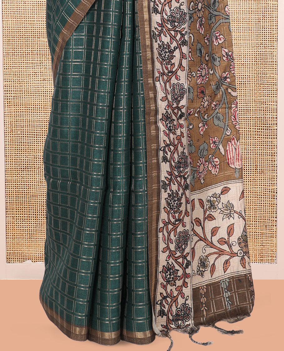 Bottle Green Fancy Tussar Silk Saree, Accentuated with Checked Design, Contrast Zari Piping Border, Kalamkari Pallu, and Contrast Kalamkari Printed Blouse
