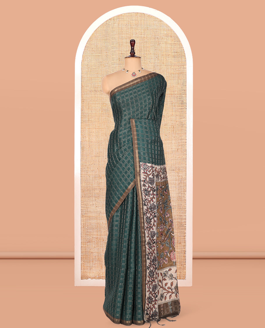 Bottle Green Fancy Tussar Silk Saree, Accentuated with Checked Design, Contrast Zari Piping Border, Kalamkari Pallu, and Contrast Kalamkari Printed Blouse