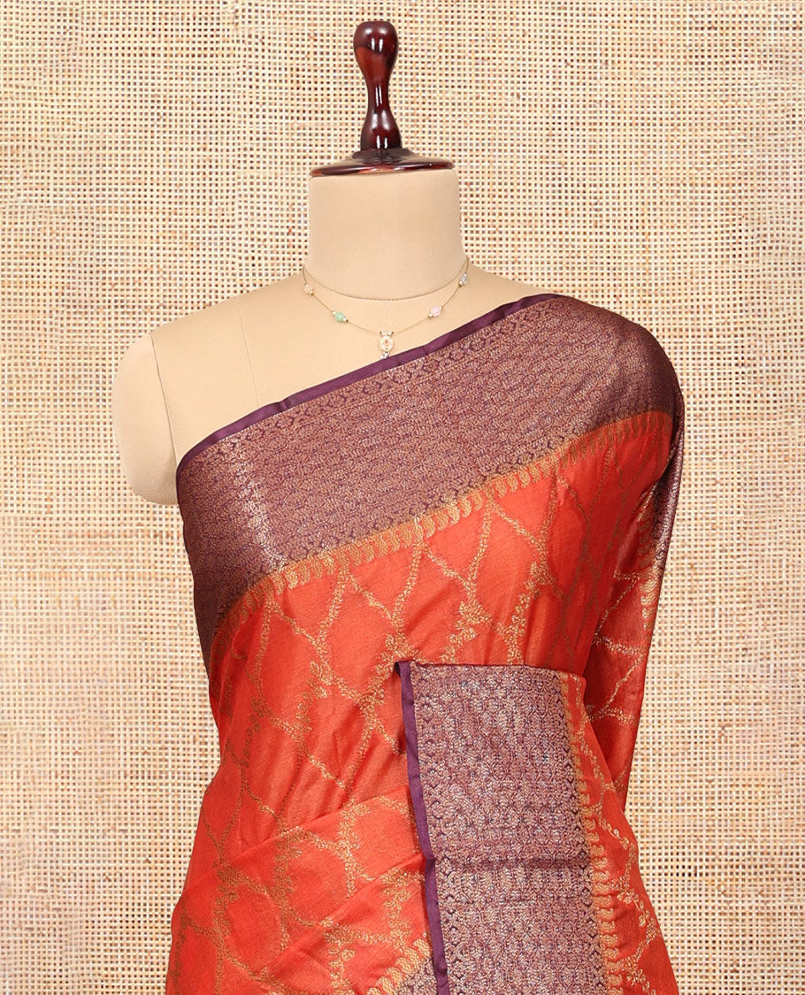 Orange Tussar Silk Saree Features Jacquard Design, Complemented by a Contrast Zari Border, Intricately Designed Pallu, and a Contrast Blouse