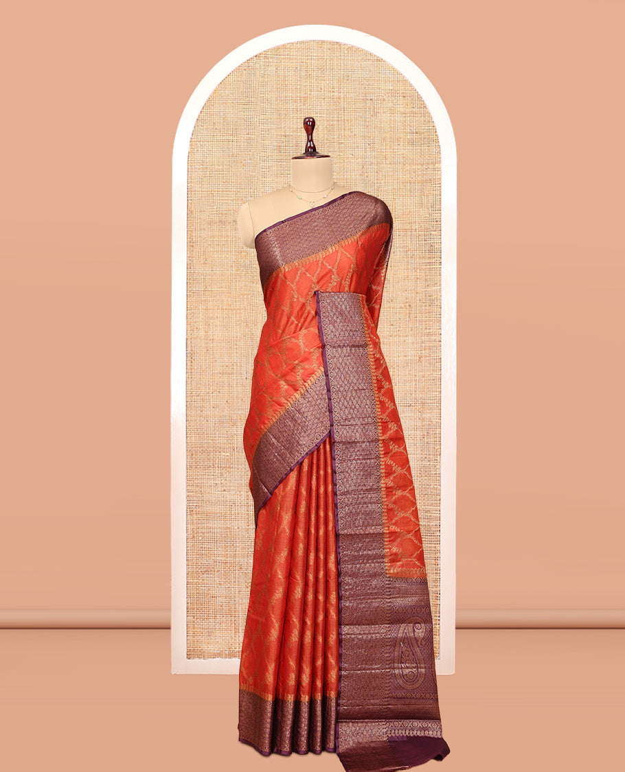 Orange Tussar Silk Saree Features Jacquard Design, Complemented by a Contrast Zari Border, Intricately Designed Pallu, and a Contrast Blouse