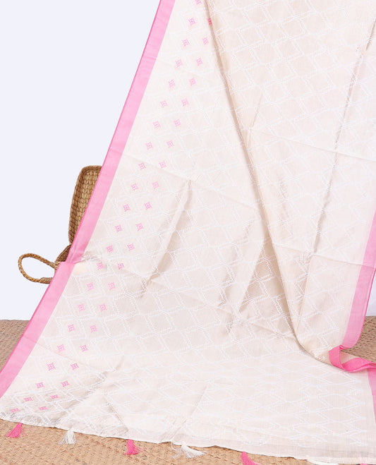 Cream ogee thread embroidery semi-banaras tussar saree with contrast plain border & geometric,ogee embroidered pallu