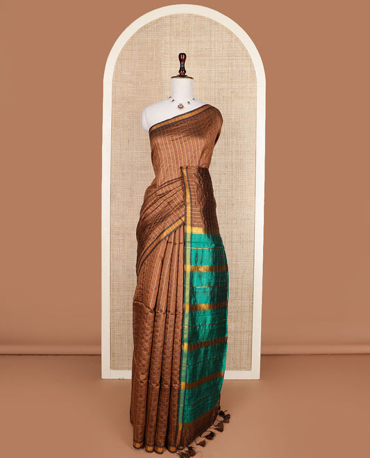 Brown checked tussar silk saree, zari border and contrast striped pallu