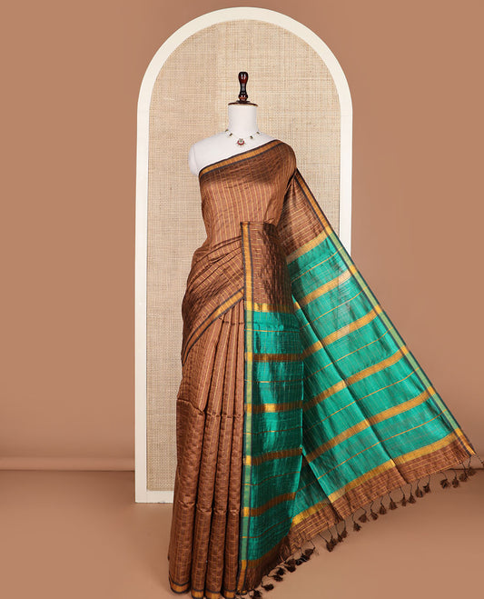 Brown checked tussar silk saree, zari border and contrast striped pallu