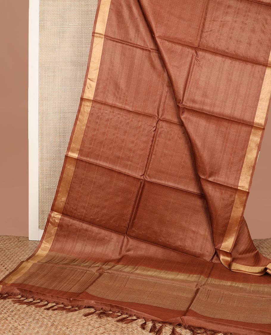 Brown horizontal striped tussar silk saree, zari border and horizontal striped pallu