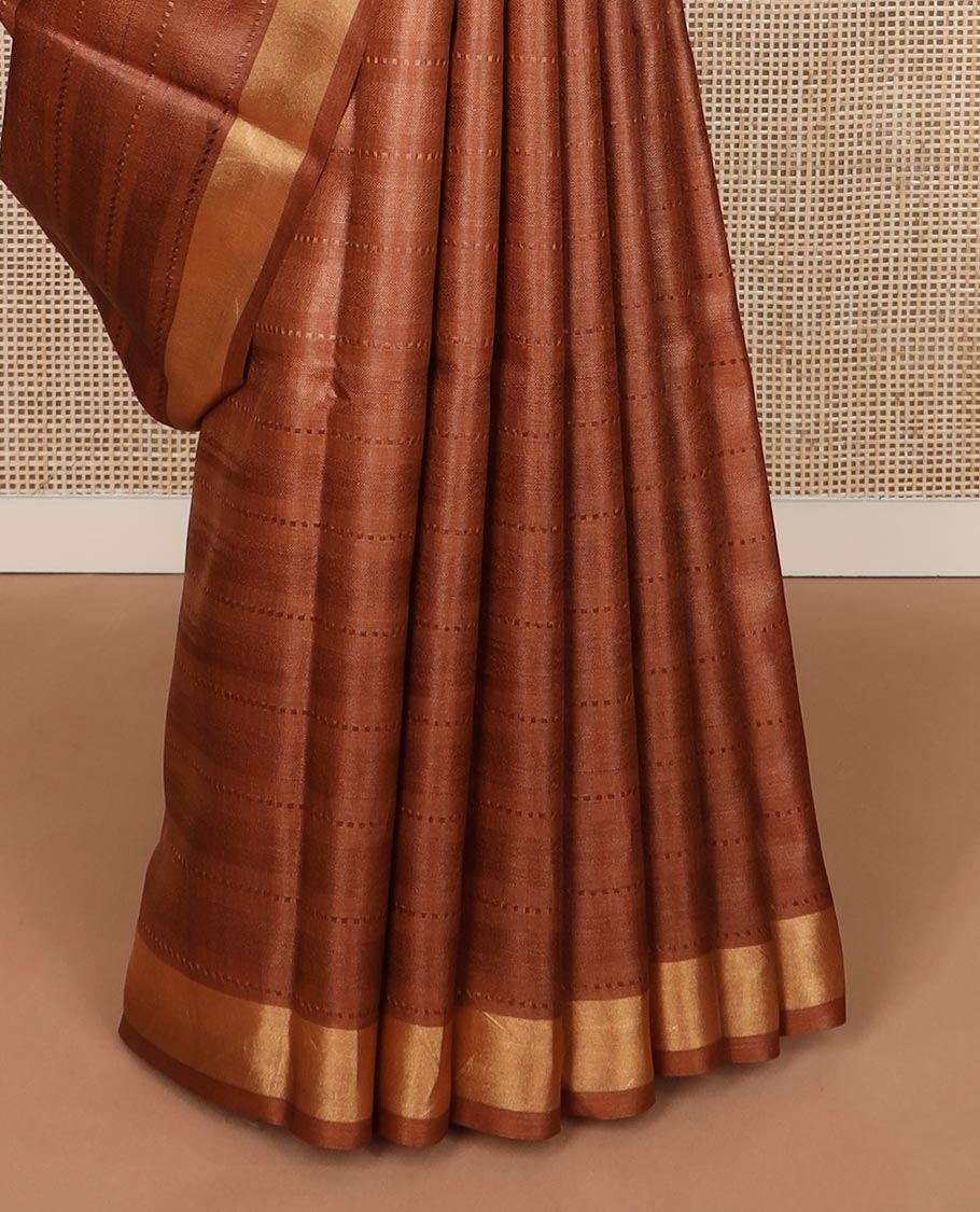Brown horizontal striped tussar silk saree, zari border and horizontal striped pallu