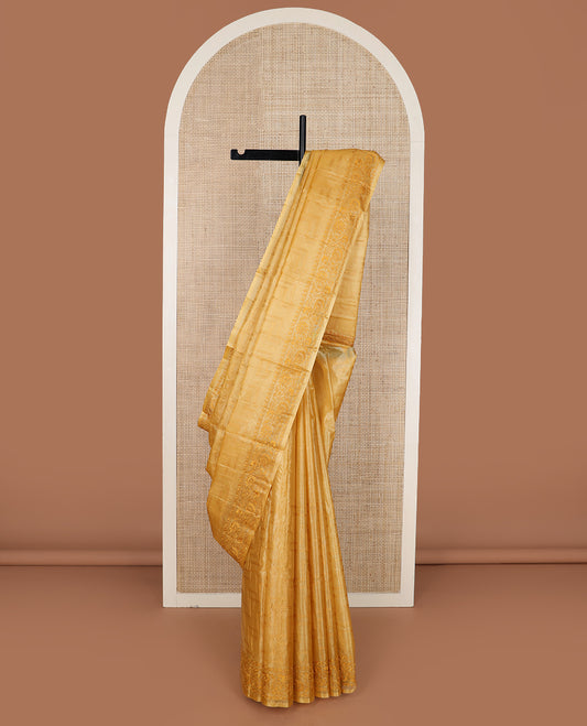 Yellow maze patterned thread embroidered tussar saree, floral creeper thread embroidered border