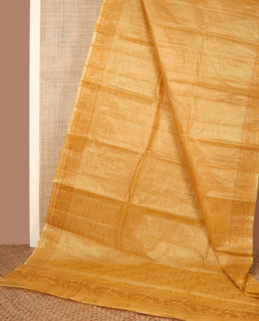 Yellow maze patterned thread embroidered tussar saree, floral creeper thread embroidered border