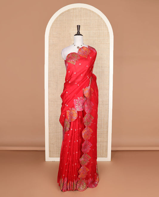 Red Matka silk saree features rudraksham motifs, scallop floral motifs and bird embossed thread embroidery border