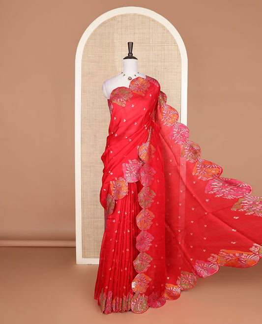 Red Matka silk saree features rudraksham motifs, scallop floral motifs and bird embossed thread embroidery border