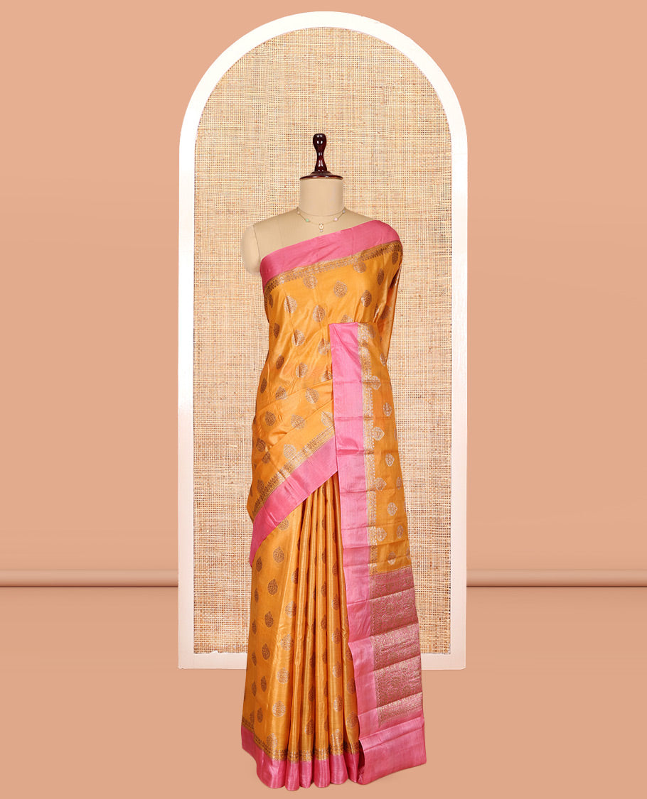 Yellow Tusser Silk Saree Features Zari Buttas, a Contrast Zari Border, Grand Pallu, and a Contrast Blouse