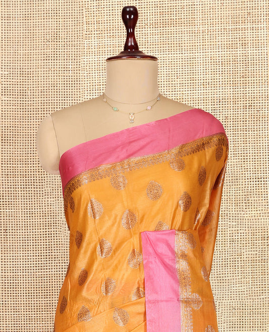 Yellow Tusser Silk Saree Features Zari Buttas, a Contrast Zari Border, Grand Pallu, and a Contrast Blouse
