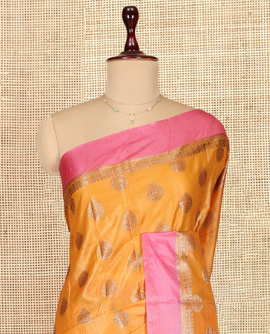 Yellow Tusser Silk Saree Features Zari Buttas, a Contrast Zari Border, Grand Pallu, and a Contrast Blouse