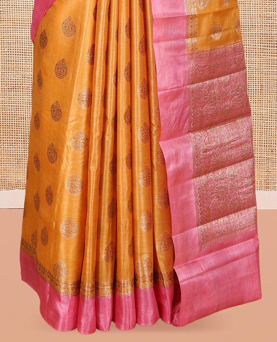 Yellow Tusser Silk Saree Features Zari Buttas, a Contrast Zari Border, Grand Pallu, and a Contrast Blouse
