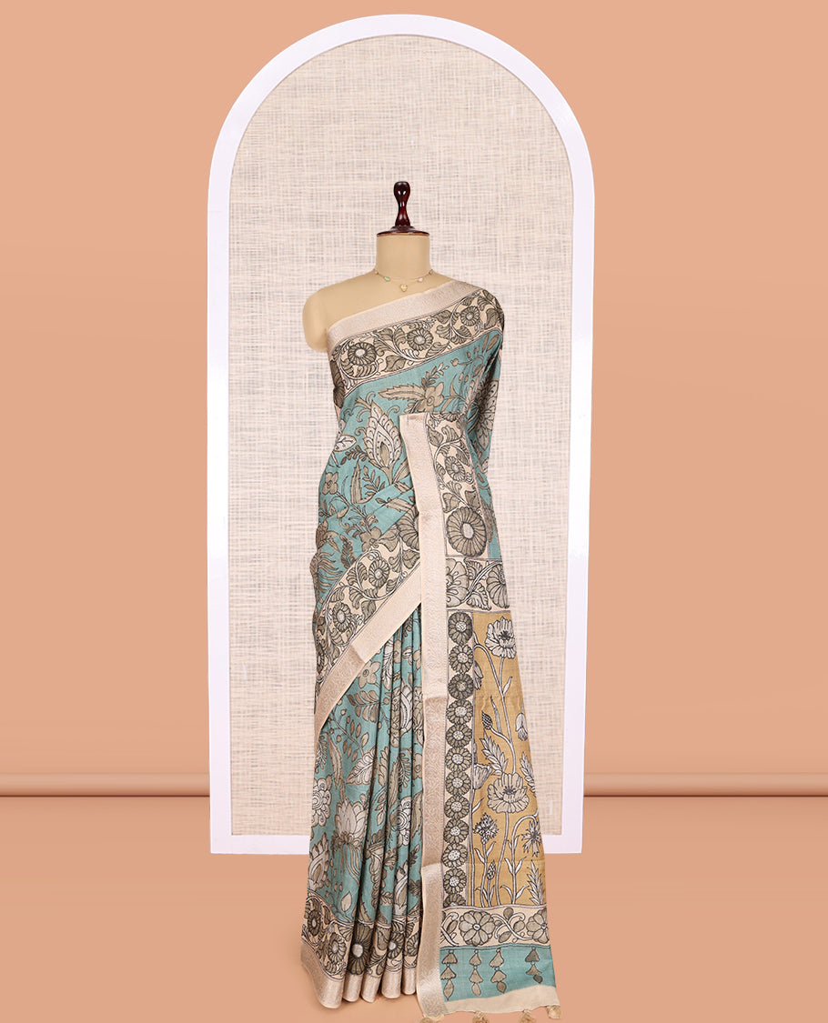 Blue Kalamkari Printed Fancy Tussar Saree