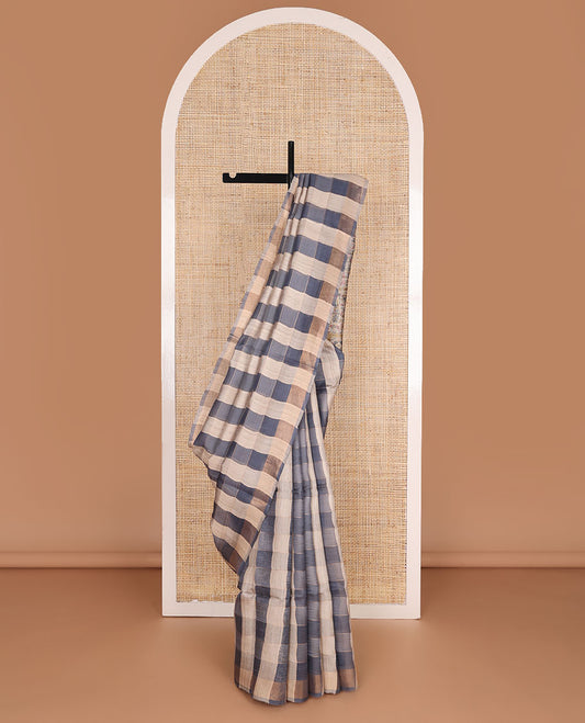 Borderless grey checked design tussar saree, contrast kaleidoscopic-colored pallu of intricate print