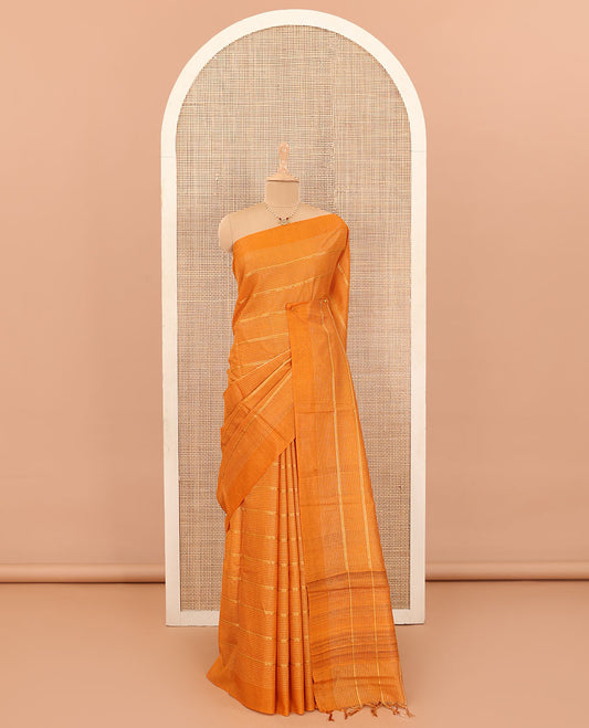 Orange micro-checked with zari design tussar silk saree, self-border, and striped pallu