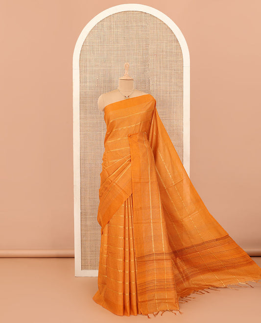 Orange micro-checked with zari design tussar silk saree, self-border, and striped pallu