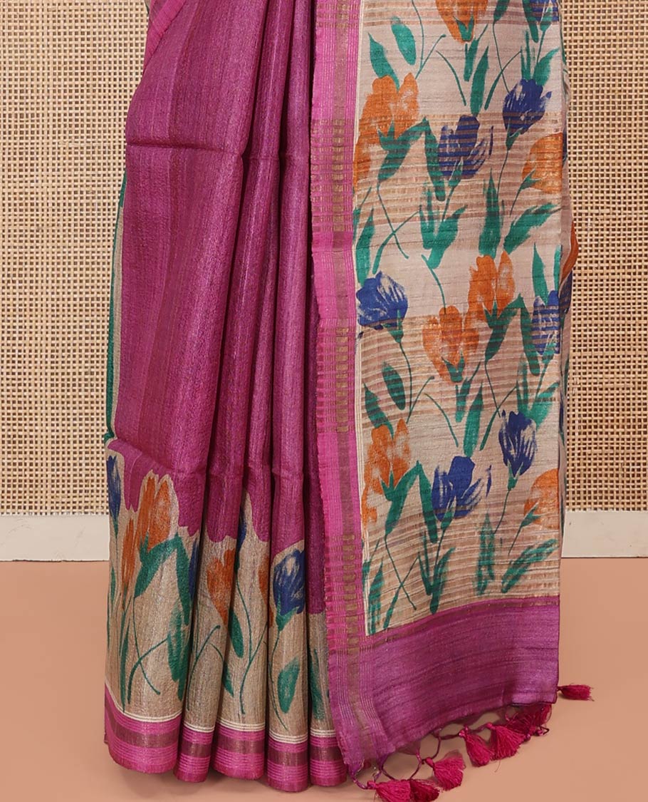 Rani Pink Plain Tussar Silk Saree Colorfully Printed with Hand-Brush Painting-Style Floral Motifs, Pallu Beautified with Floral Print, and Paired with a Contrast Blouse