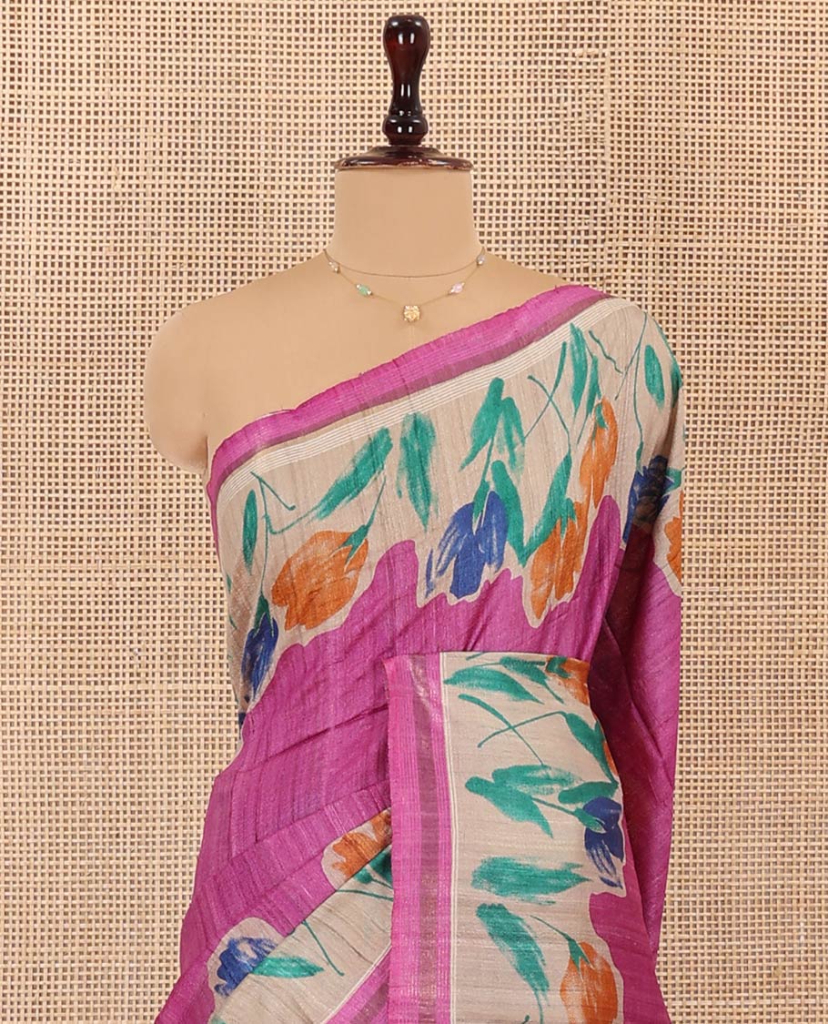Rani Pink Plain Tussar Silk Saree Colorfully Printed with Hand-Brush Painting-Style Floral Motifs, Pallu Beautified with Floral Print, and Paired with a Contrast Blouse