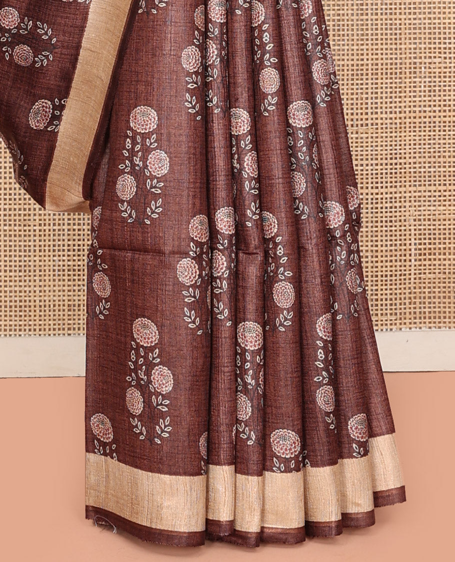 Brown Tussar Silk Saree, Detailed with Floral Motifs Print on Its Body, a Contrast Border, Multi-Color Ombre-Style Striped Pallu, and Paired with a Matching Blouse