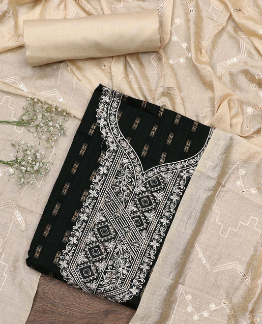 Black material chudidar set, buttas with neck embroidered top, contrast plain bottom, and thread and sequins embroidered dupatta