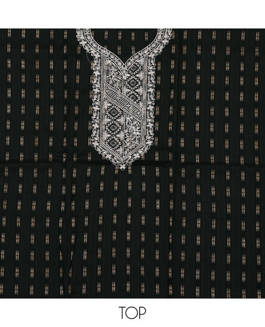 Black material chudidar set, buttas with neck embroidered top, contrast plain bottom, and thread and sequins embroidered dupatta