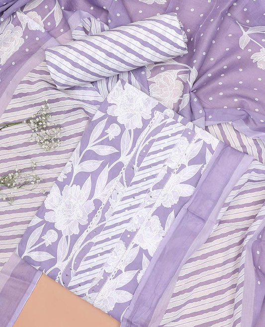 lavender chudidhar material set floral print with sequins work, striped bottom & floral, striped printed dupattta