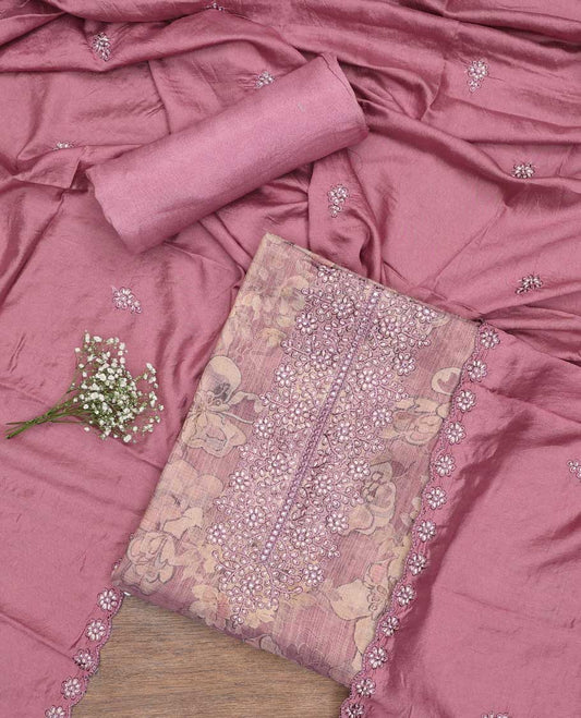 Mauve chudidhar material set floral printed with thread embroidery top, plain bottom & floral motif embroidery scallop border dupatta