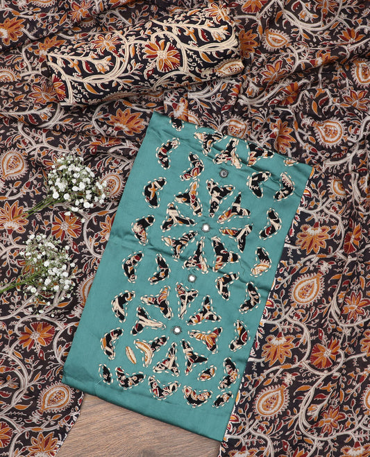 Blue material chudidar set, neck cloth and kantha style embroidered top, contrast floral vine printed bottom and dupatta