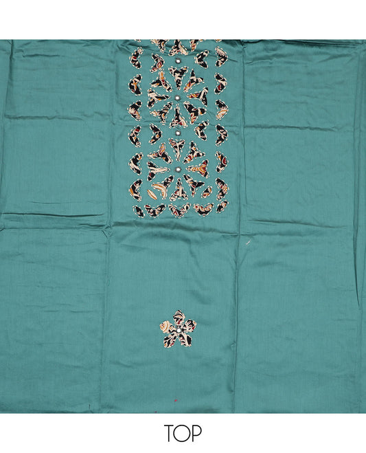 Blue material chudidar set, neck cloth and kantha style embroidered top, contrast floral vine printed bottom and dupatta