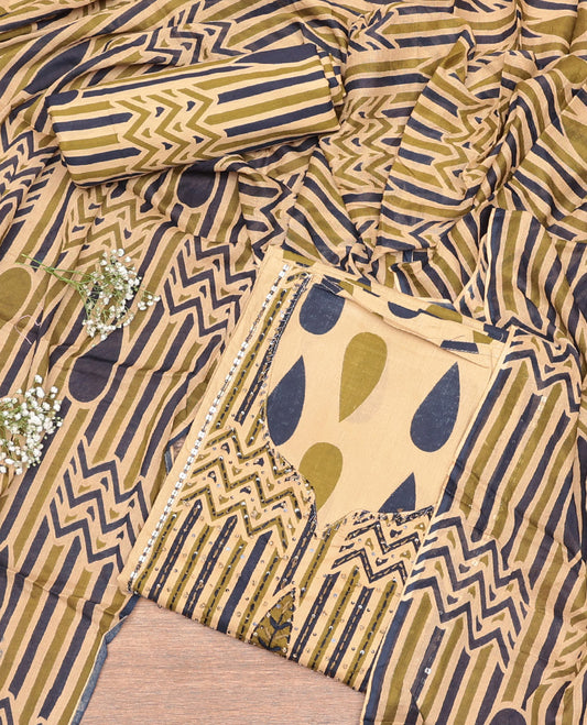 Yellow Cotton Material Churidar Set Featuring Unique Motif Print and Embroidery Top, Geometric Printed Bottom, and Dupatta