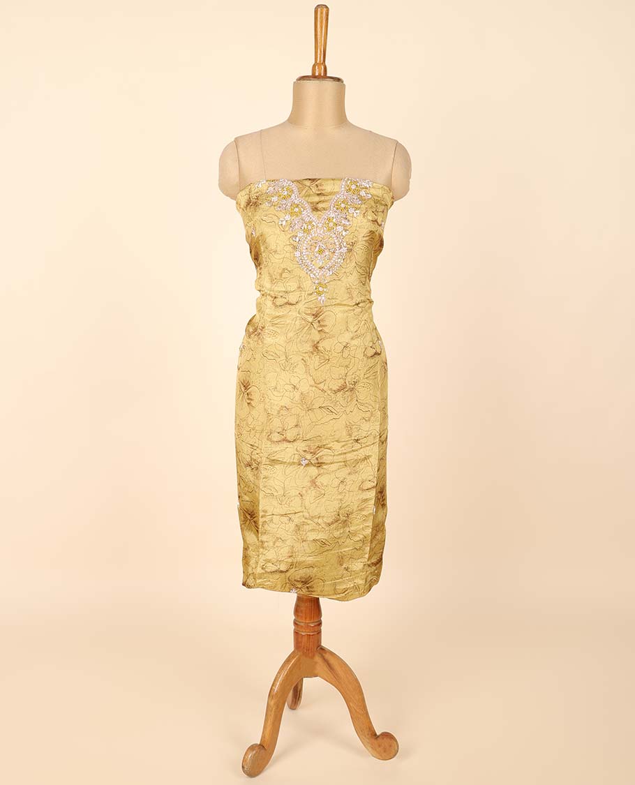 Yellow material chudidhar set, floral print & embroidered top, plain bottom & embroidered dupatta