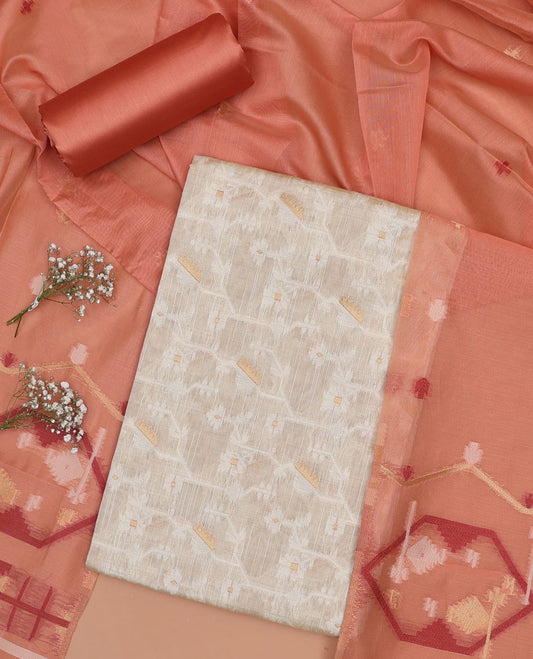 Cream chudidhar material set, ikkat floral design top , brown plain bottom & intricate ikkat design dupatta