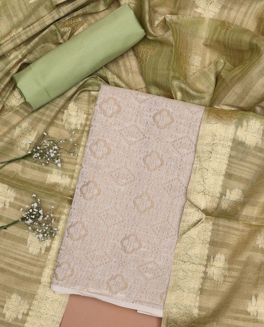 Cream chudidhar material set, geometric design top, green plain bottom & floral zari design dupatta