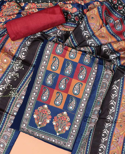 Blue chudidhar material set floral thread embroidered with mirror work top, plain bottom & floral design, mirror work dupatta
