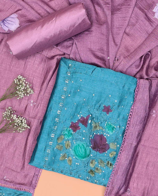 Blue chudidhar material set floral embroidered top, with plain bottom & floral motifs dupatta