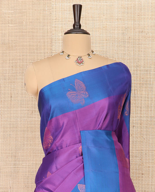 Violet Semi Uppada Saree Beautified with Butterfly Zari Buttas, Complemented by a Contrast Butterfly Motifs Woven Border, Elegantly Framed Pallu of Jaal Designs, and Paired with a Contrast Blouse