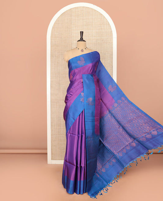 Violet Semi Uppada Saree Beautified with Butterfly Zari Buttas, Complemented by a Contrast Butterfly Motifs Woven Border, Elegantly Framed Pallu of Jaal Designs, and Paired with a Contrast Blouse