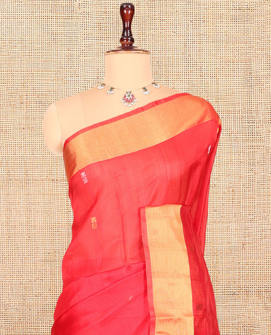 Red Uppada Silk Saree, Spotlighted with Buttas, Highlighted by a Zari Border, Zari-Woven Pallu, and a Matching Blouse