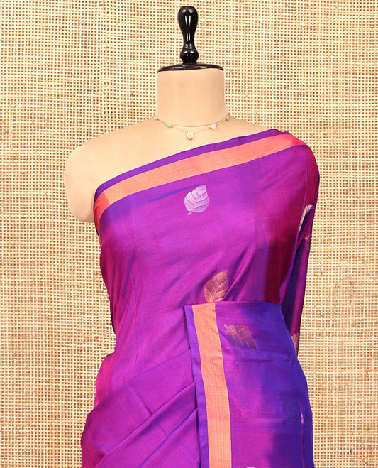 Purple Uppada Silk Saree, Mesmerized with Leaf Buttas, a Subtle Zari Border, Pallu of Leaf Designs, and a Matching Blouse