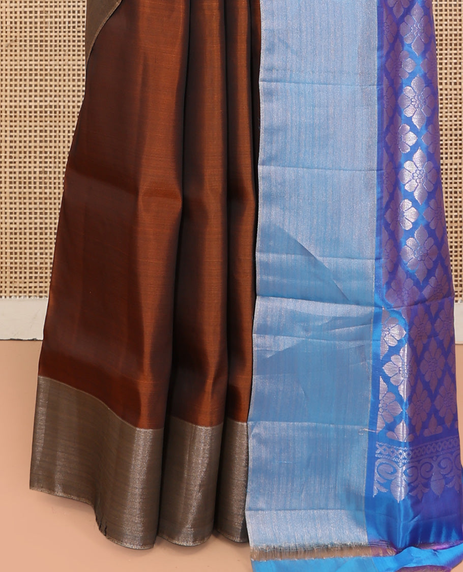 Brown Uppada Saree, Elevated with Floral Buttas, a Bavanji Border, Contrast Intricate Pallu, and a Contrast Blouse