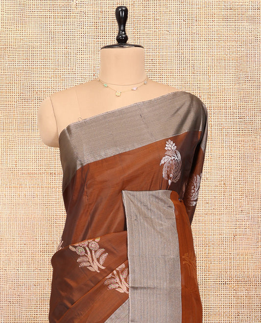 Brown Uppada Saree, Elevated with Floral Buttas, a Bavanji Border, Contrast Intricate Pallu, and a Contrast Blouse