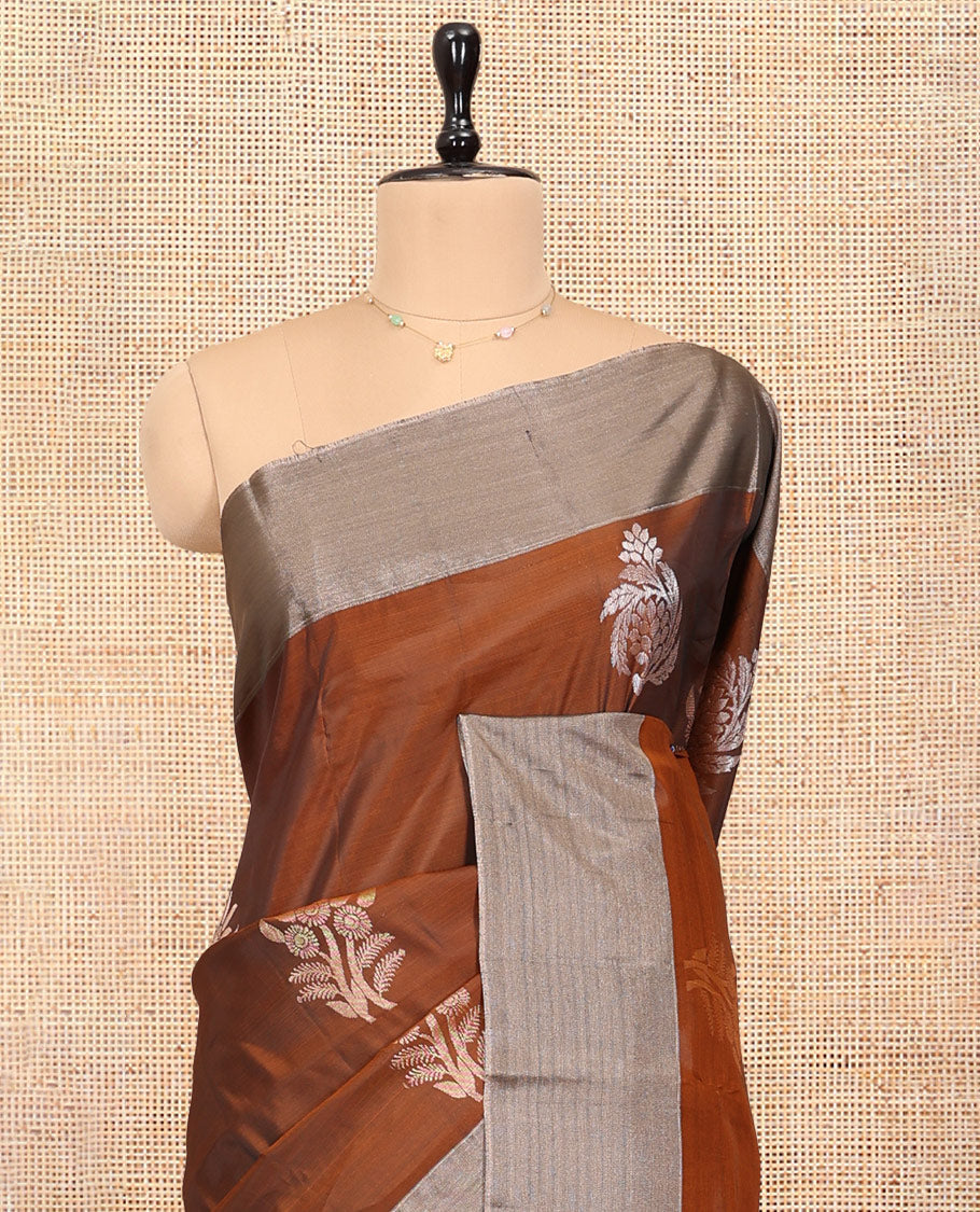 Brown Uppada Saree, Elevated with Floral Buttas, a Bavanji Border, Contrast Intricate Pallu, and a Contrast Blouse