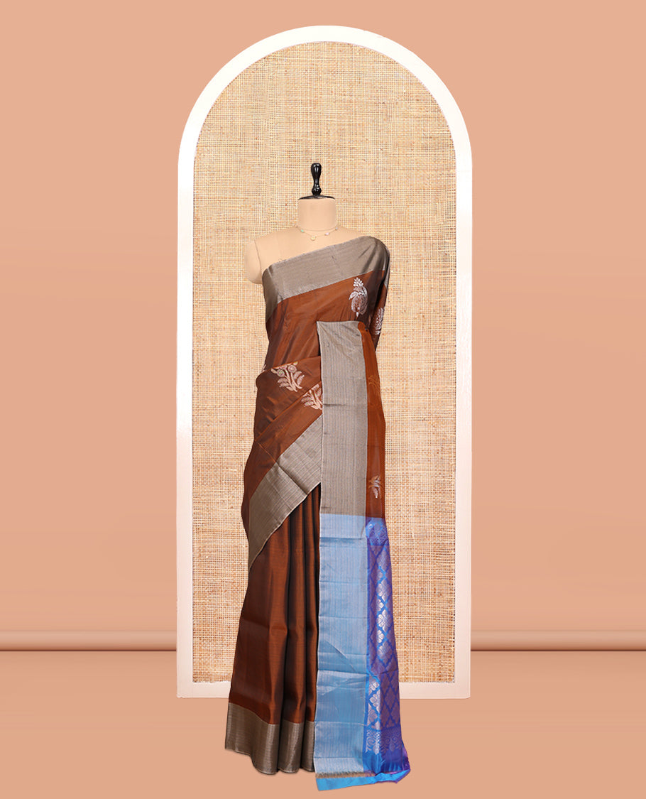 Brown Uppada Saree, Elevated with Floral Buttas, a Bavanji Border, Contrast Intricate Pallu, and a Contrast Blouse