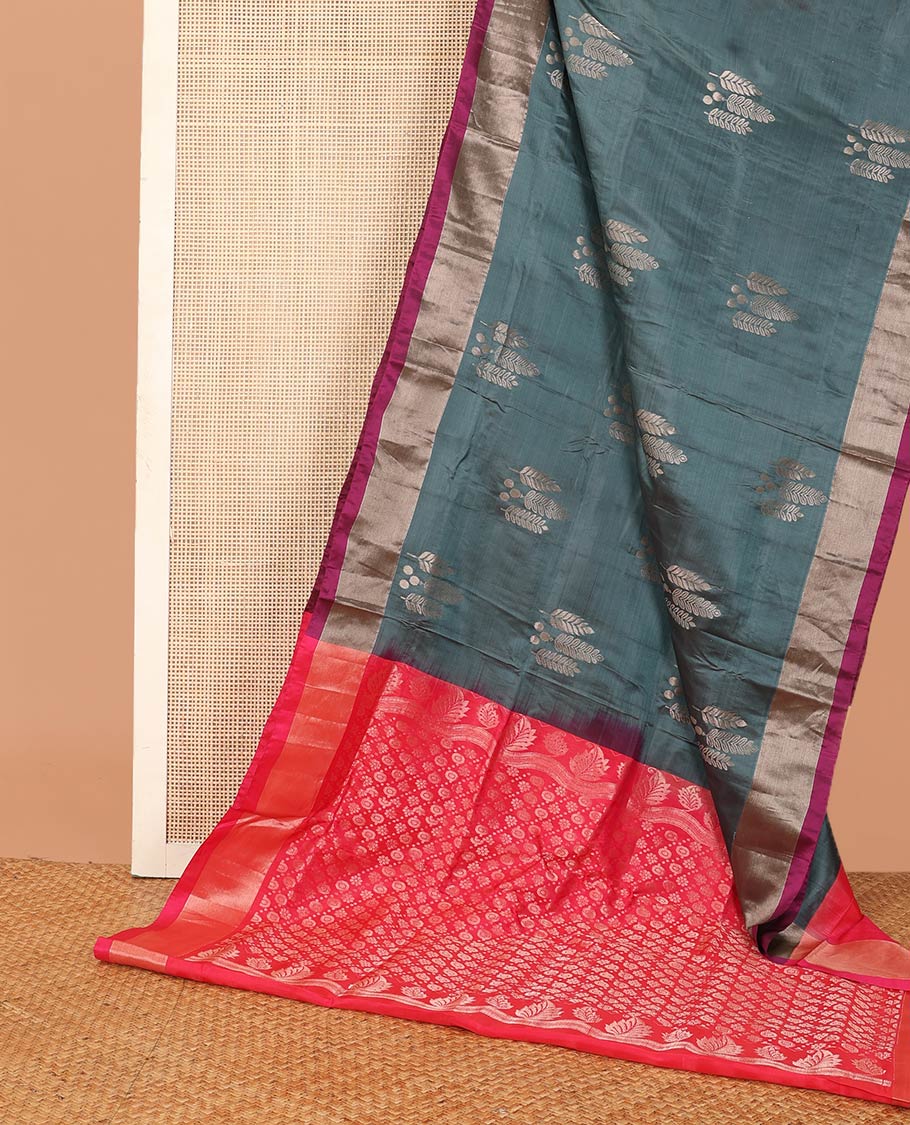 Grey zari buttas Uppada saree, contrast bavanji border, and intricately designed pallu